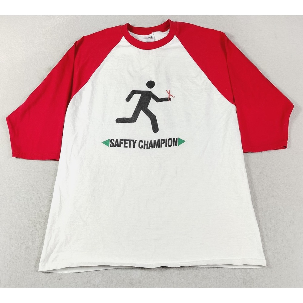 Vintage Anvil Safety Champion Shirt Mens Large White Red Raglan 3/4 Sleeve